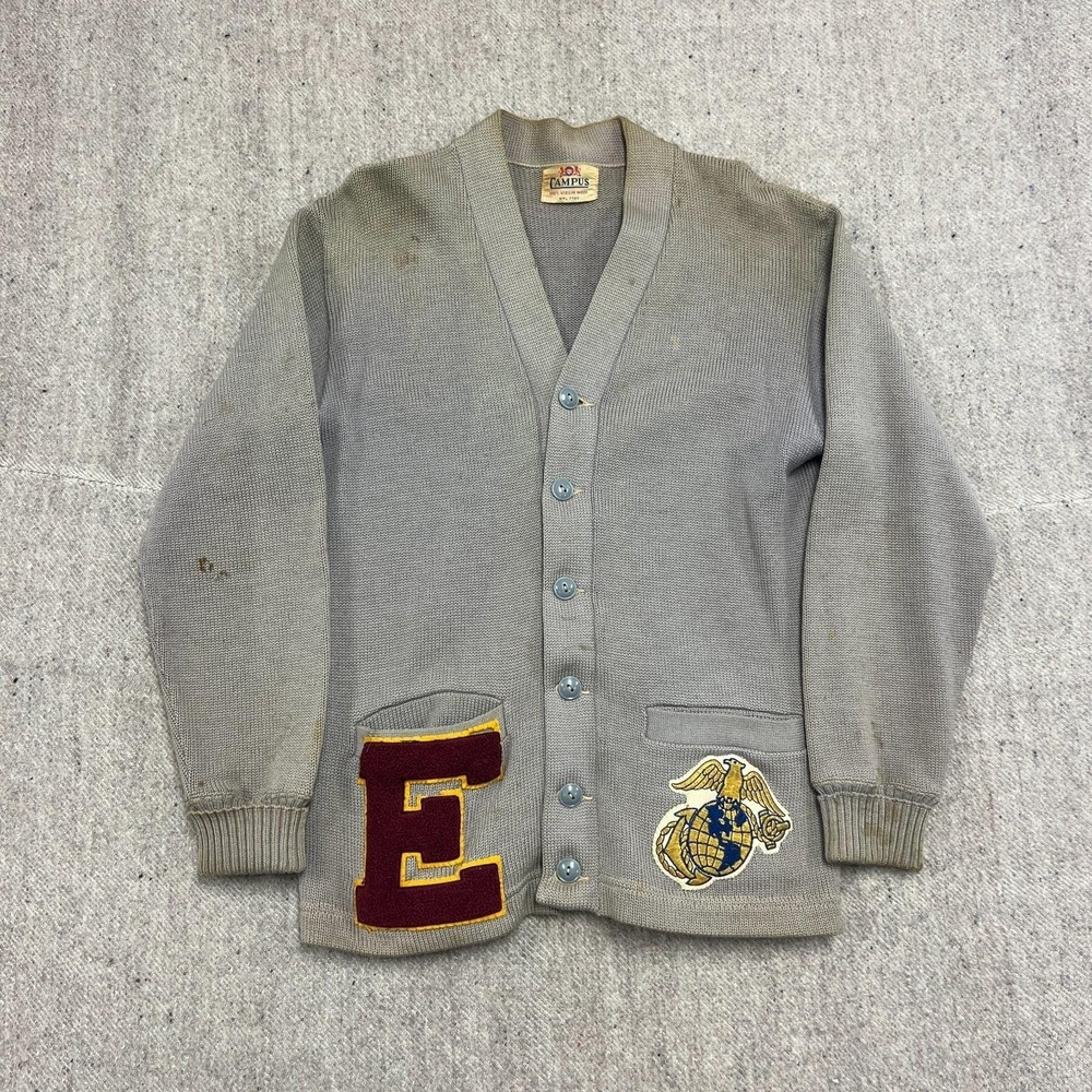 Vintage US Marines Letterman Cardigan Mens Medium Gray 1940s Campus